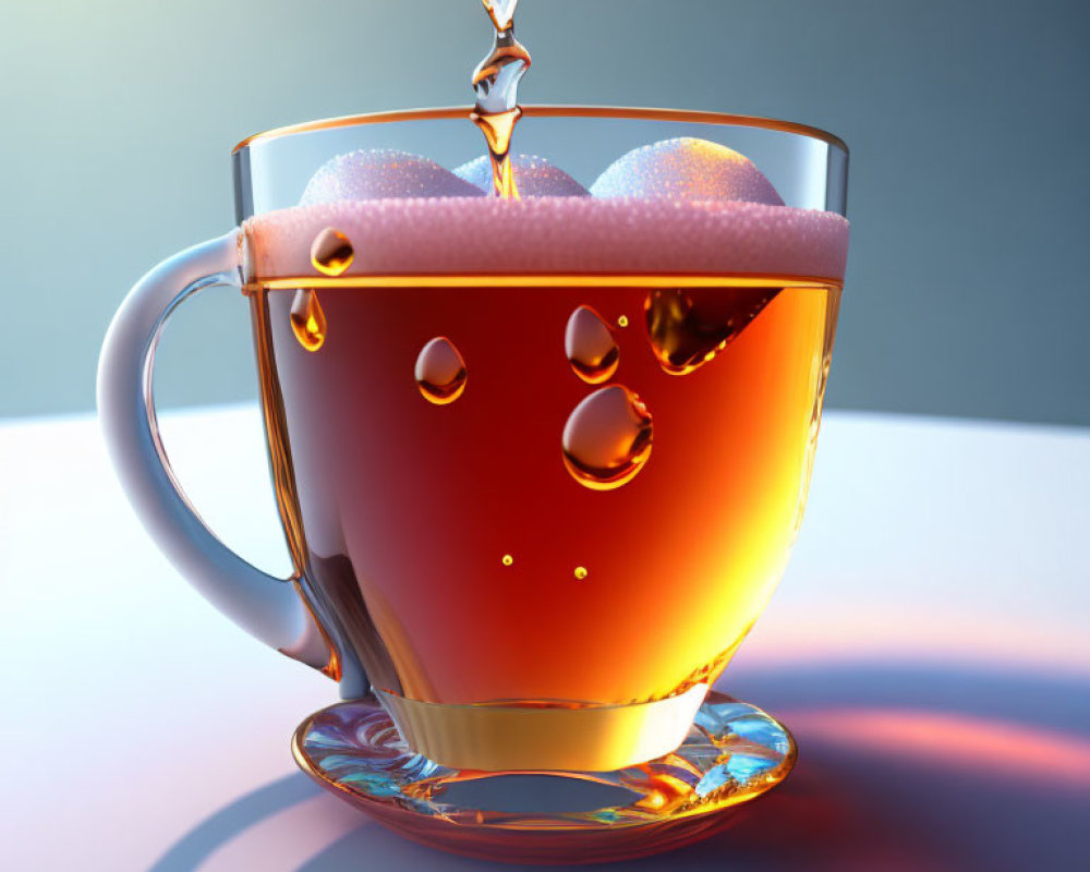 Transparent cup of tea with bubbles and dynamic splash on saucer in soft lighting