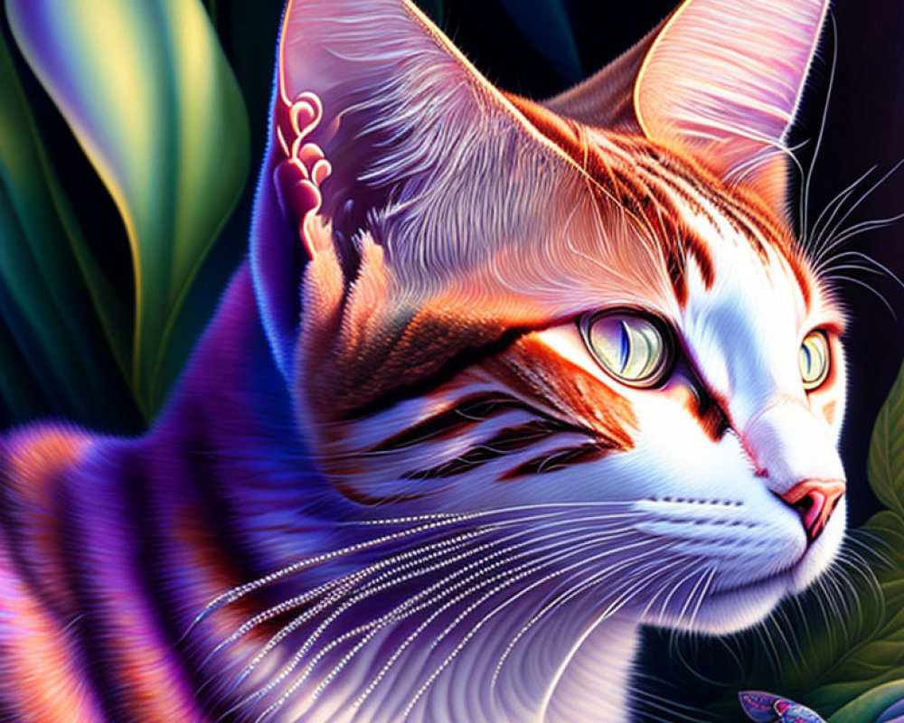 Colorful Cat Illustration with Orange and White Patterns on Dark Background