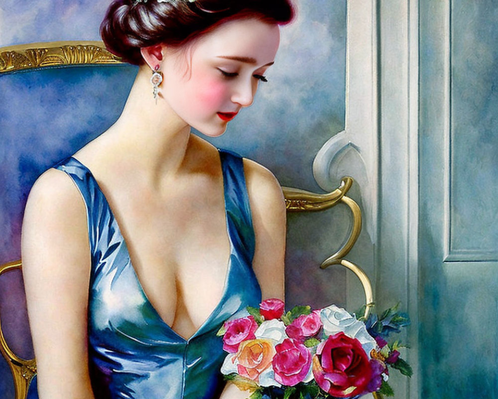 Serene woman in blue satin dress with roses bouquet by classical window