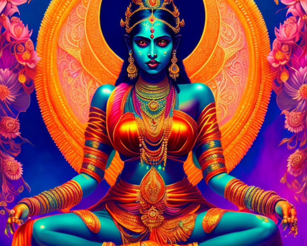 Blue-skinned, four-armed figure in lotus position with glowing aura and floral backdrop