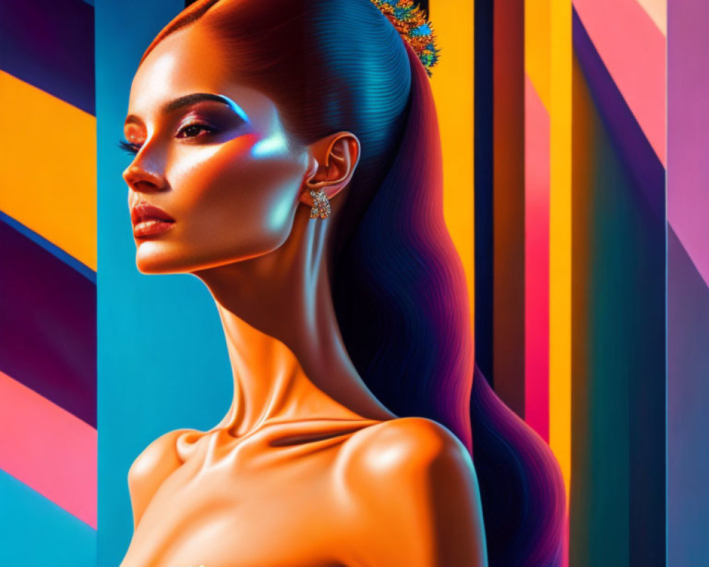 Sleek Hair Woman Portrait with Vibrant Geometric Shapes