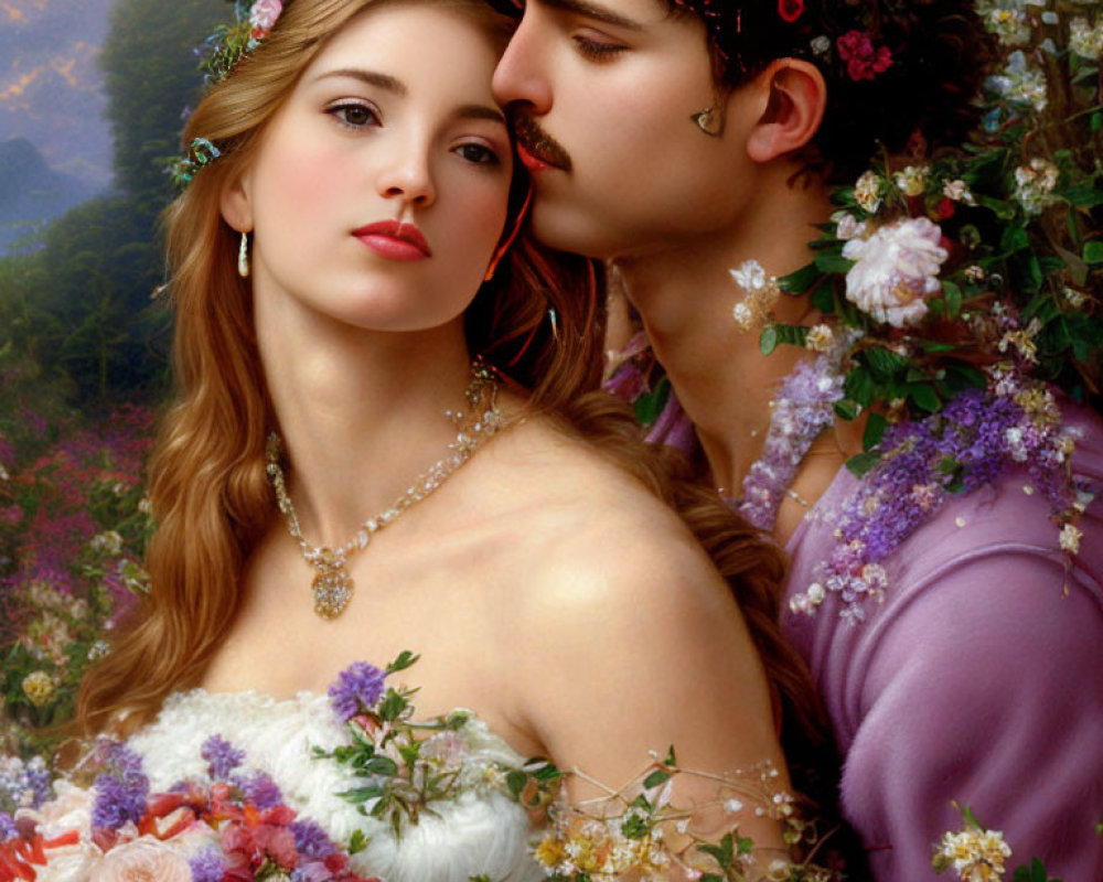 Romantic digital artwork of couple embracing amid vibrant flowers