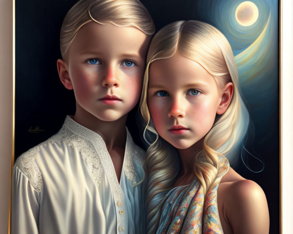 Hyperrealistic digital painting of boy and girl with blue eyes and blonde hair