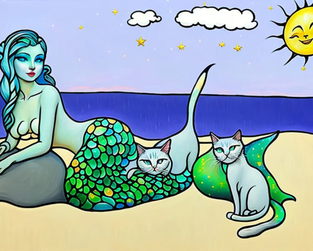 Blue-skinned mermaid and cats with mermaid tails on beach under starry sky and smiling sun