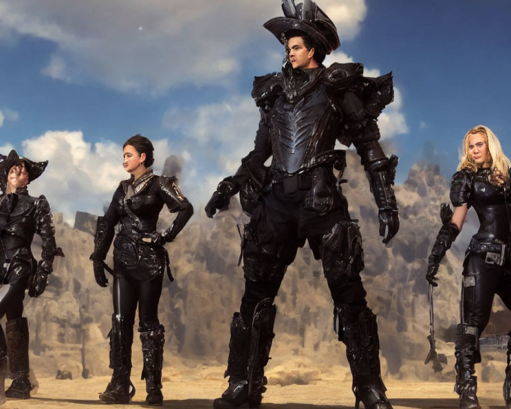 Four individuals in dark fantasy armor against cloudy sky, central figure taller.