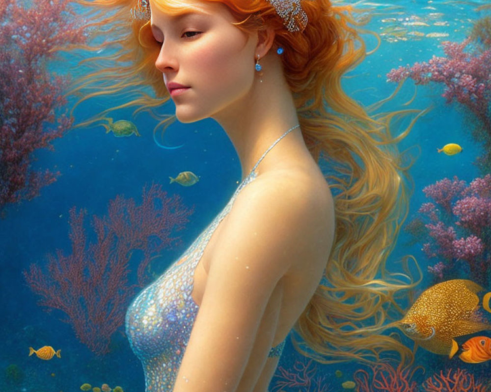 Red-haired woman with jeweled headpiece in underwater scene with coral and fish