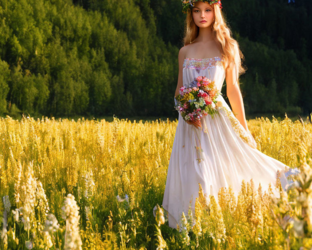 Woman in white dress with floral headpiece in blooming meadow at sunset