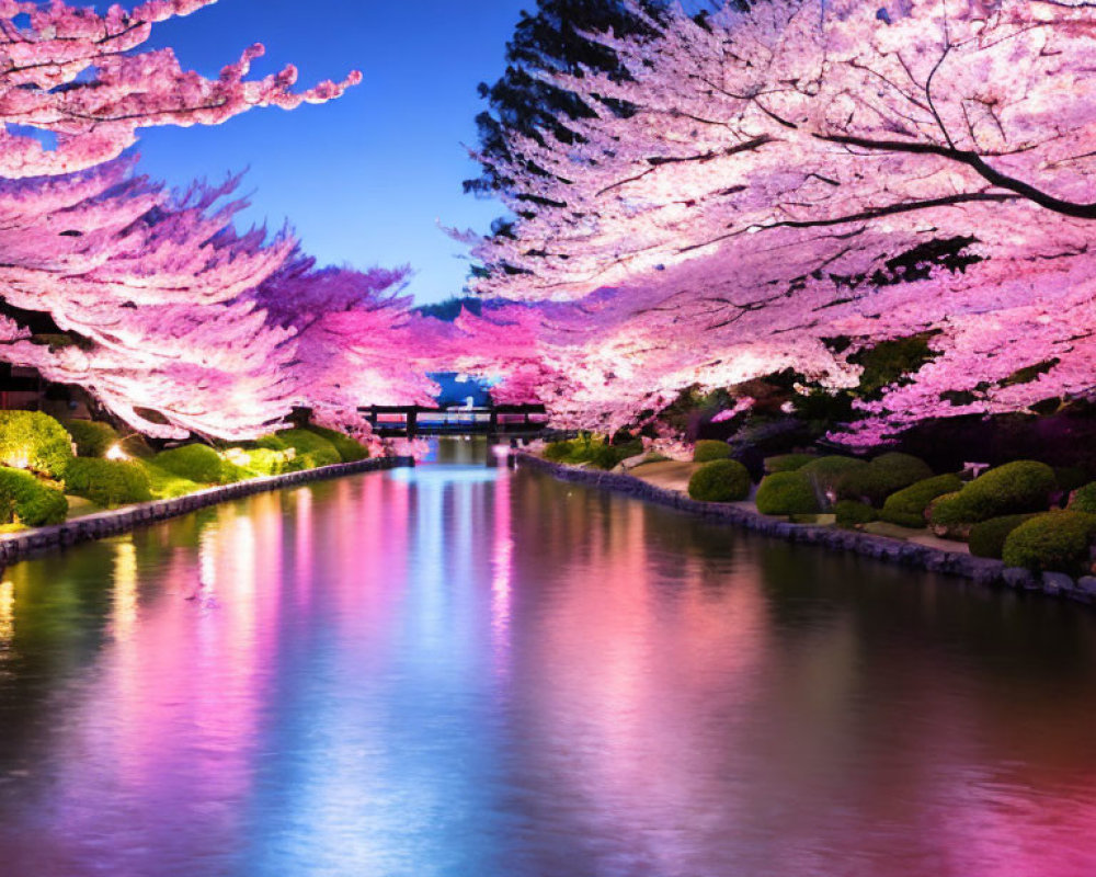 Tranquil twilight landscape with pink cherry blossoms, river reflection, and torii gate