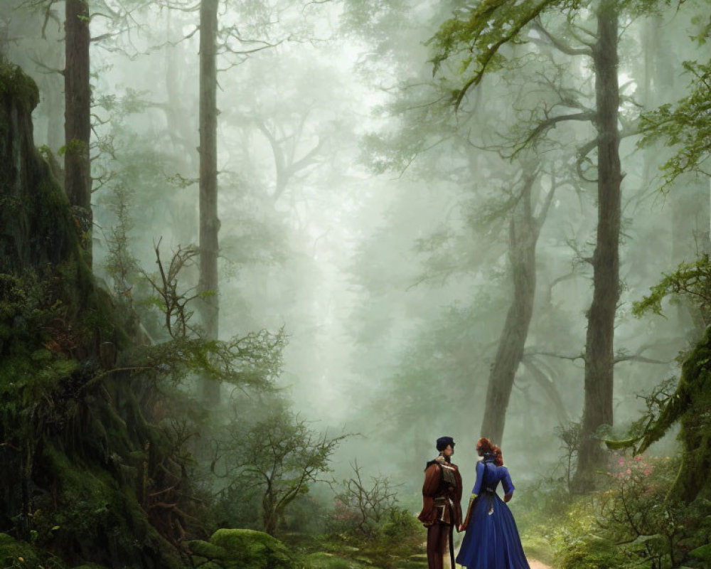 Historical individuals on forest path in misty setting