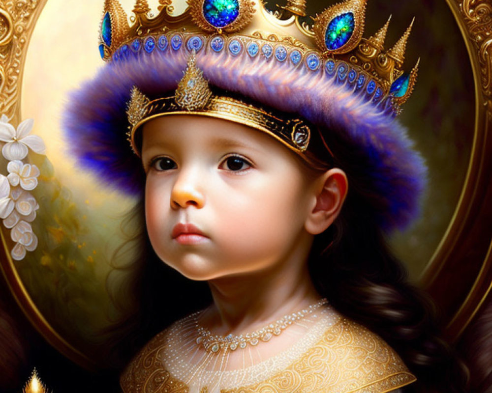 Young Child Wearing Ornate Golden Crown with Peacock Feathers