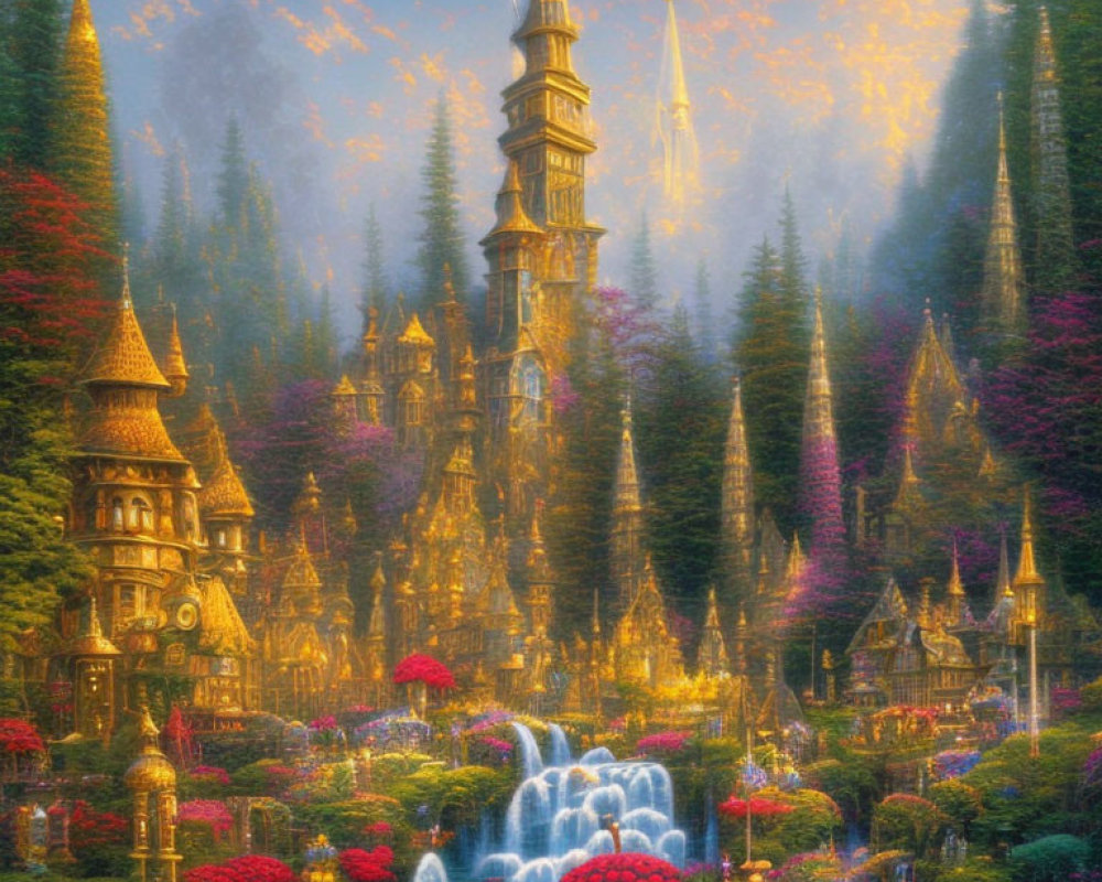 Fantastical illuminated castle in vibrant floral landscape