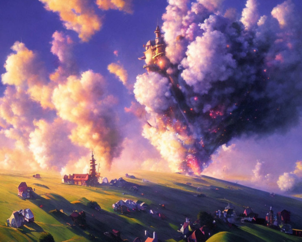 Village and castle on hill amidst colorful erupting clouds