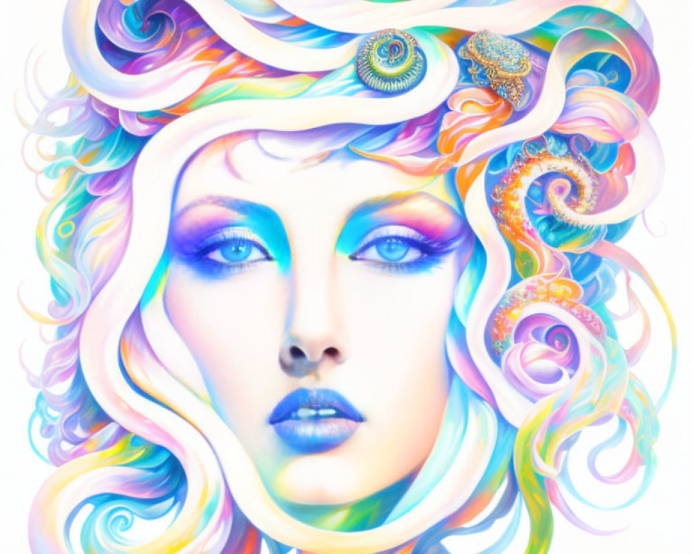 Vibrant surreal portrait featuring woman with flowing hair and abstract shapes.