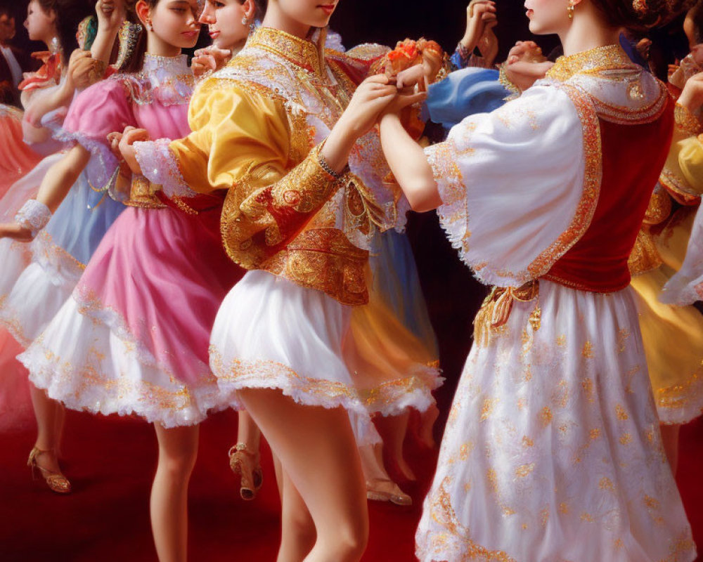 Vibrant dancers in traditional embroidered costumes backstage