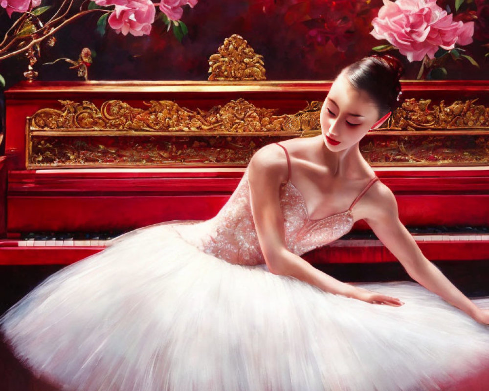 Elegant ballerina in white tutu near grand piano with pink roses