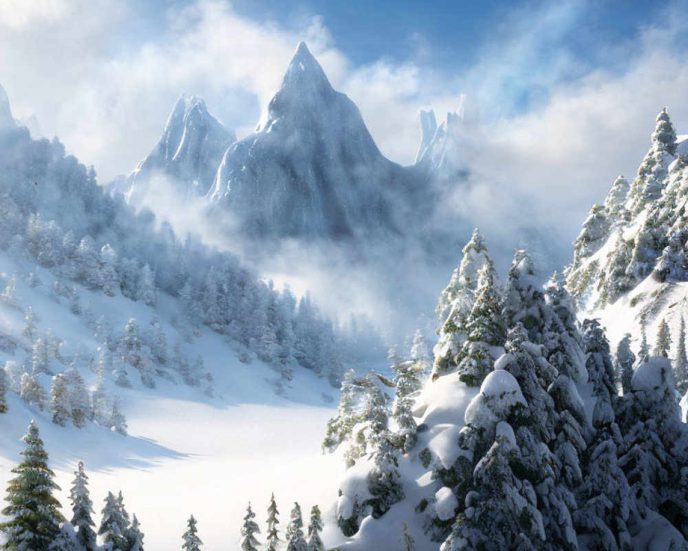 Snow-covered trees, frozen lake, and majestic mountains in winter landscape