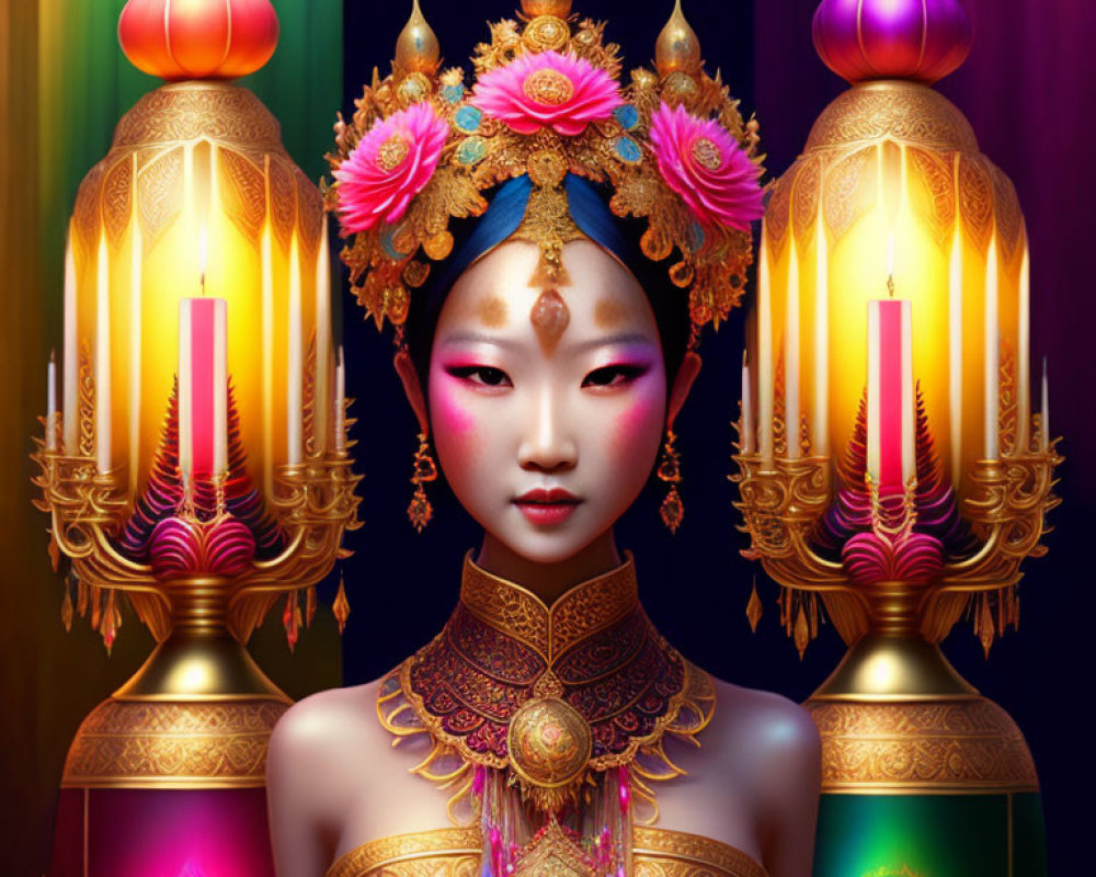 Digital image of woman in traditional Asian makeup with ornate lamps