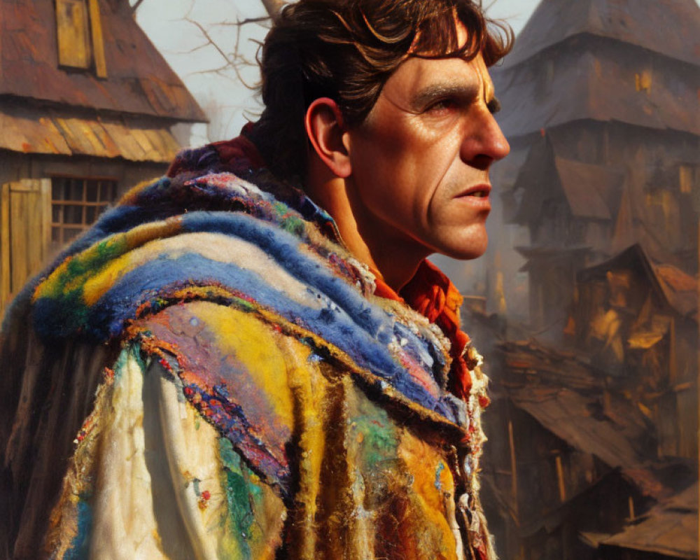 Prominent man in colorful cloak gazes at rustic buildings