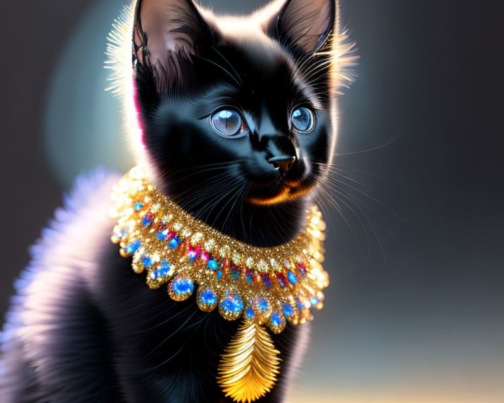 Black cat with blue eyes wearing gold and gemstone necklace under halo