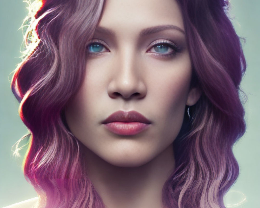 Portrait of Woman with Purple Hair and Striking Blue Eyes on Light Background