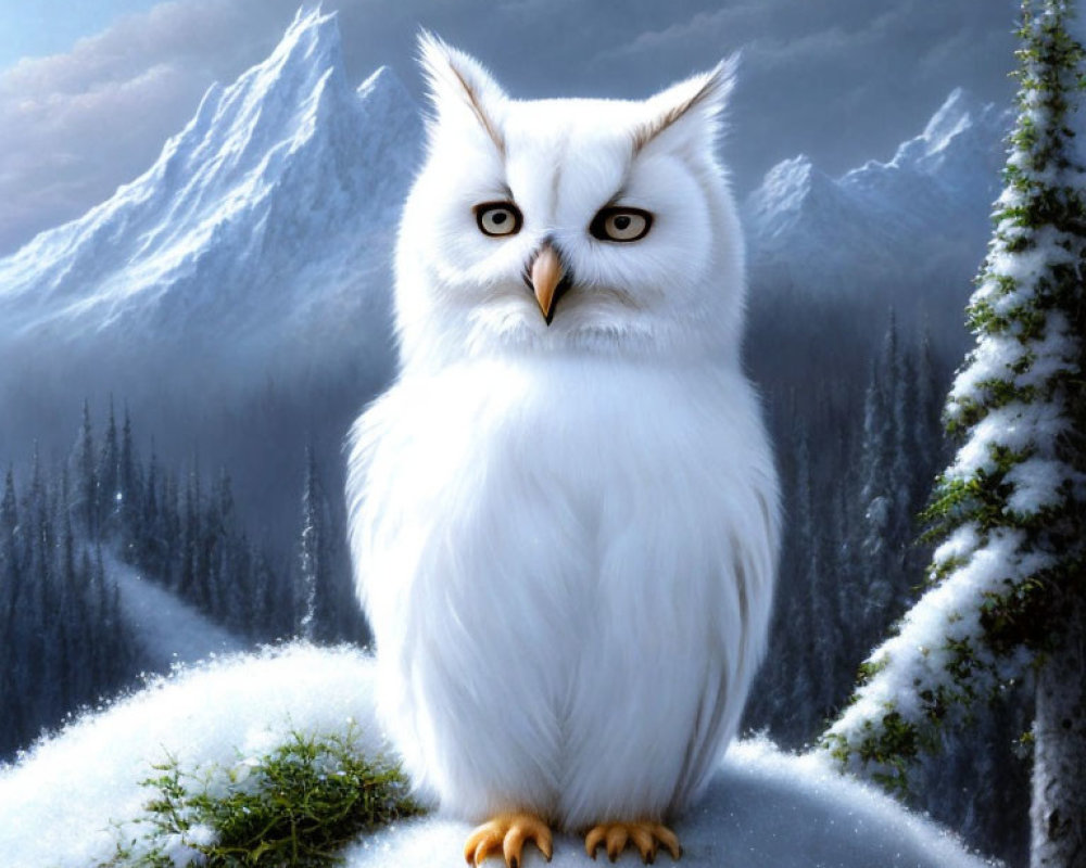 White Owl with Yellow Eyes on Snowy Perch Among Mountains