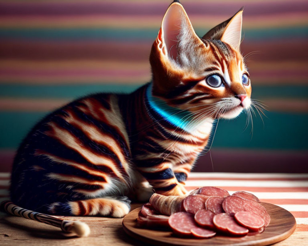 Adorable striped kitten eyeing sliced sausages on table