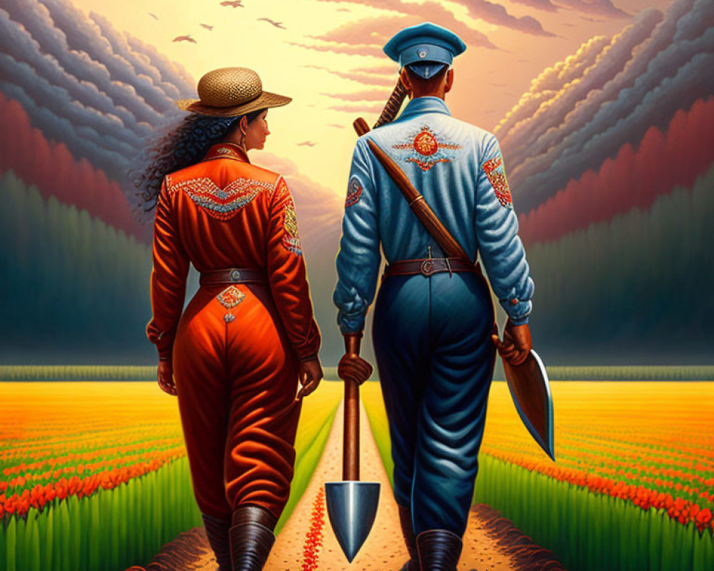 Man and woman in ornate uniforms holding hands in flower field with shovel and machete.