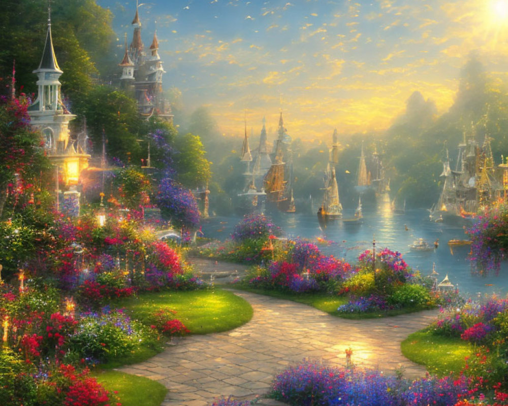 Fantasy landscape with sunlit path, castle, gardens, flowers, ships, and birds