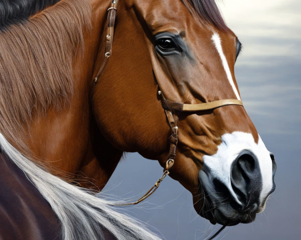 Brown horse with glossy coat wearing bridle and black & white mane on muted background