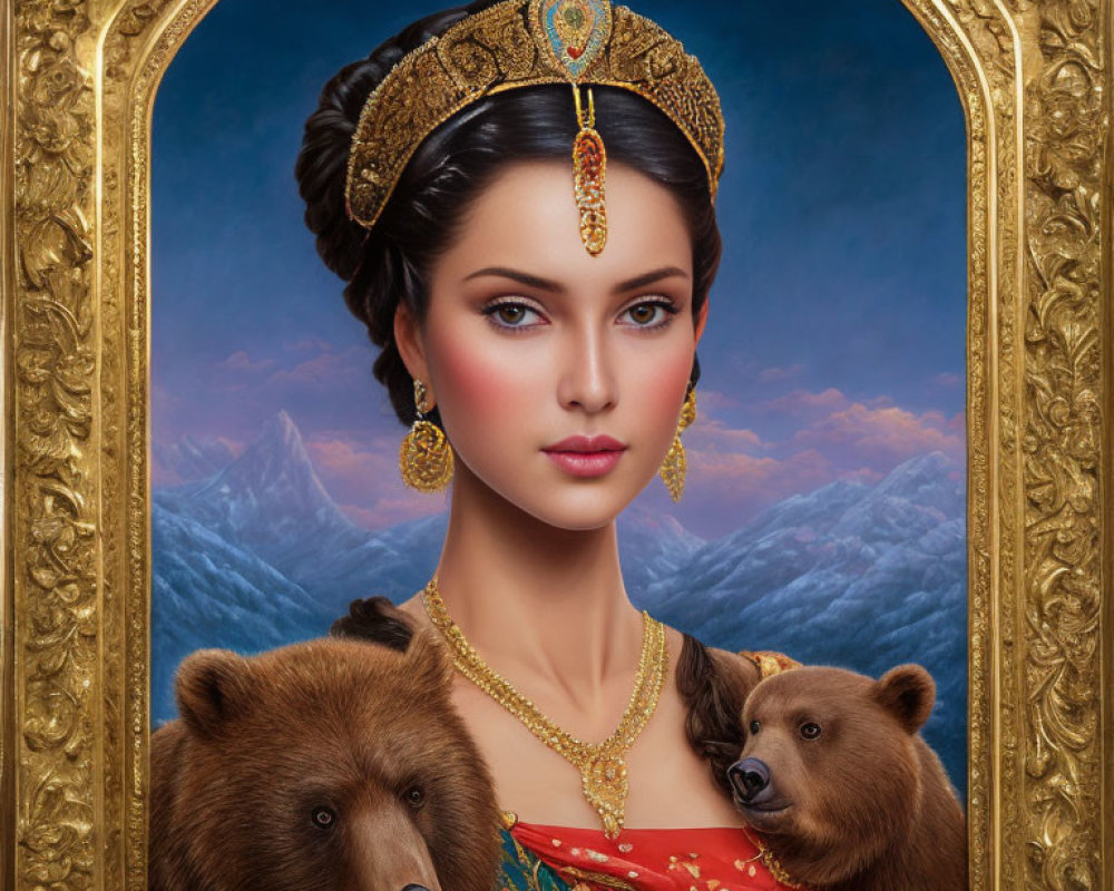 Portrait of Woman with Jeweled Headpiece and Bears in Mountainous Setting