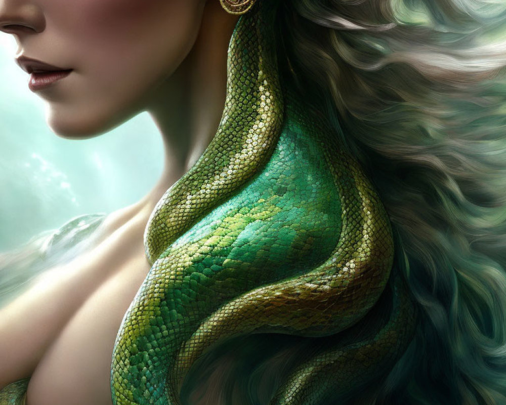 Digital artwork of woman with flowing hair and green snake on soft green background