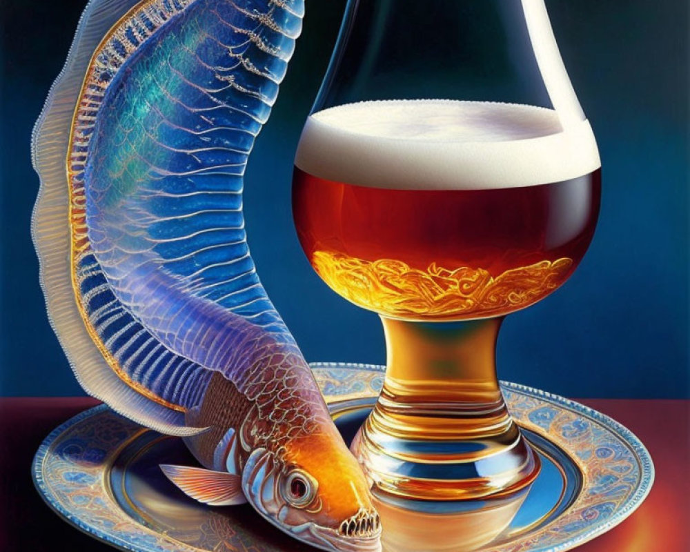 Colorful fish and beer glass illustration on ornate coaster