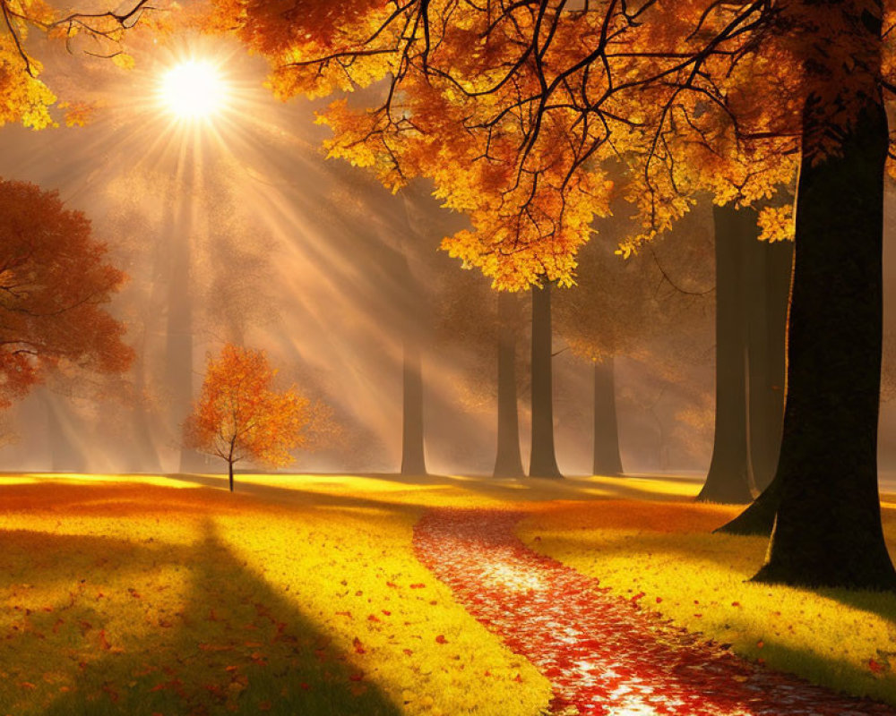 Sunlit autumn forest with winding path and golden leaves