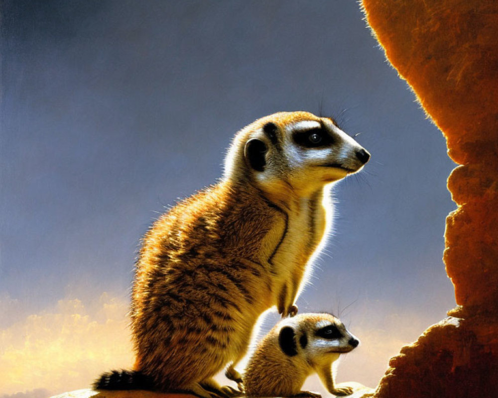 Two Meerkats on Rocky Ledge Under Warm Glowing Sky