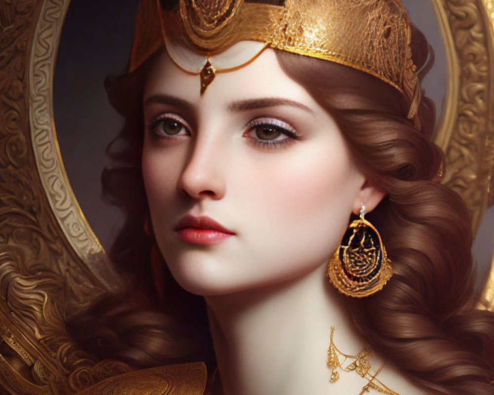 Regal woman with golden crown and mirror reflection.