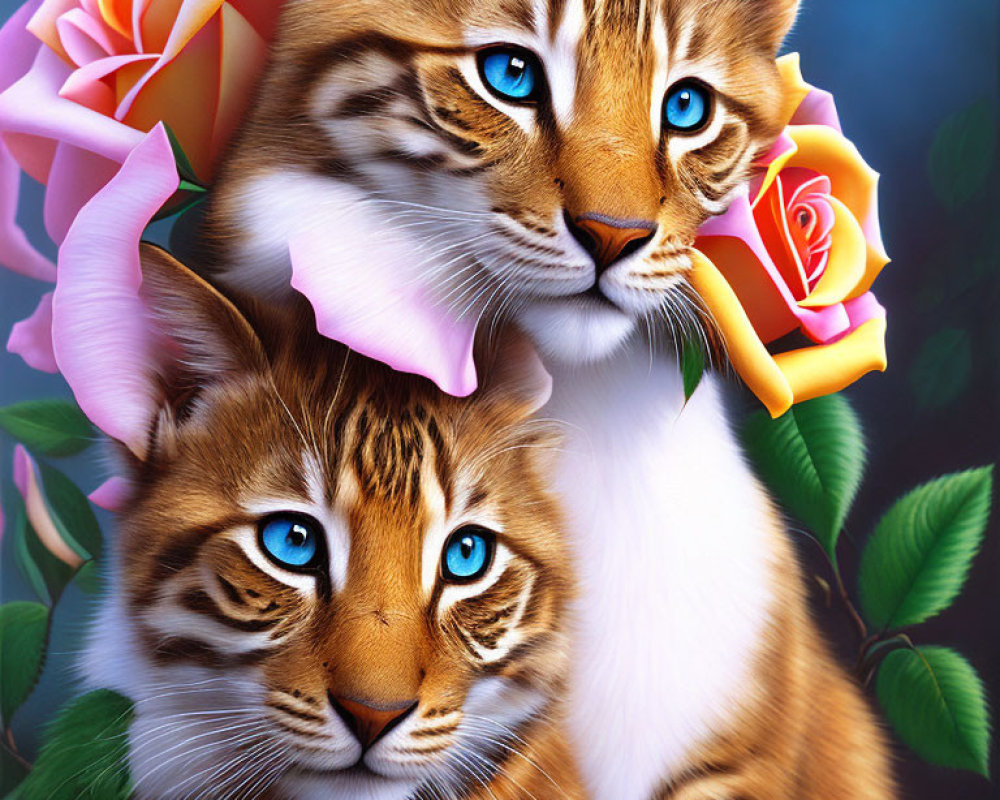 Blue-eyed Bengal cats surrounded by pink and orange roses on a deep blue background.