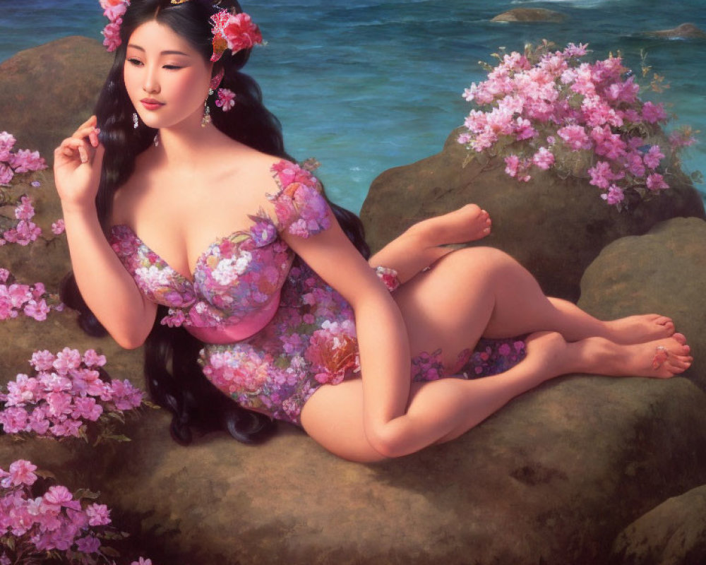 Woman in Floral Outfit Reclining by the Sea