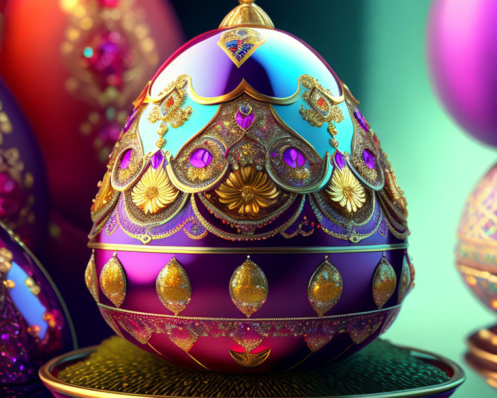 Intricate gold and purple jeweled egg on stand with ornate design