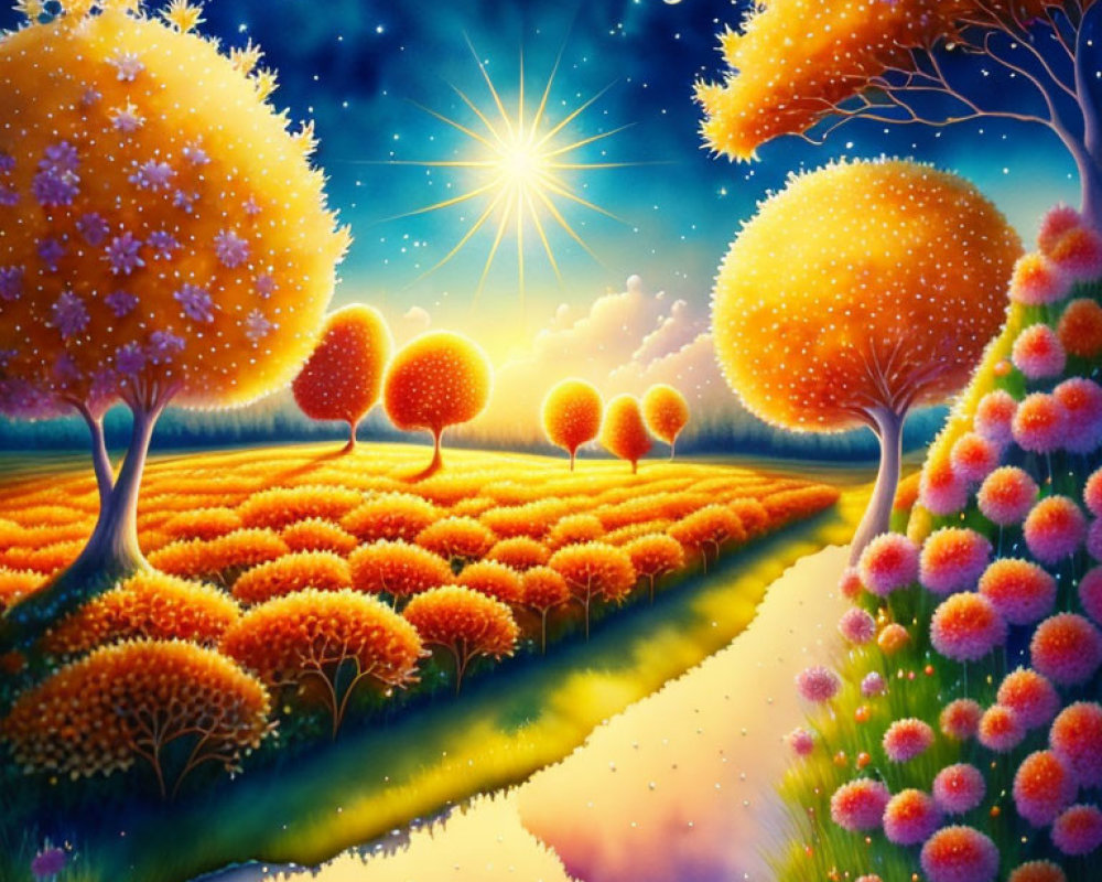 Colorful Starlit Landscape with Glowing Orange Trees and Bright Star