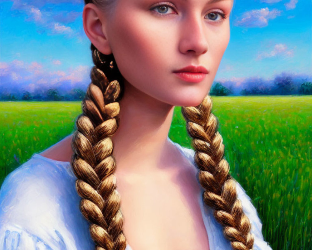 Woman with Braided Hair in Front of Blue Sky and Green Field