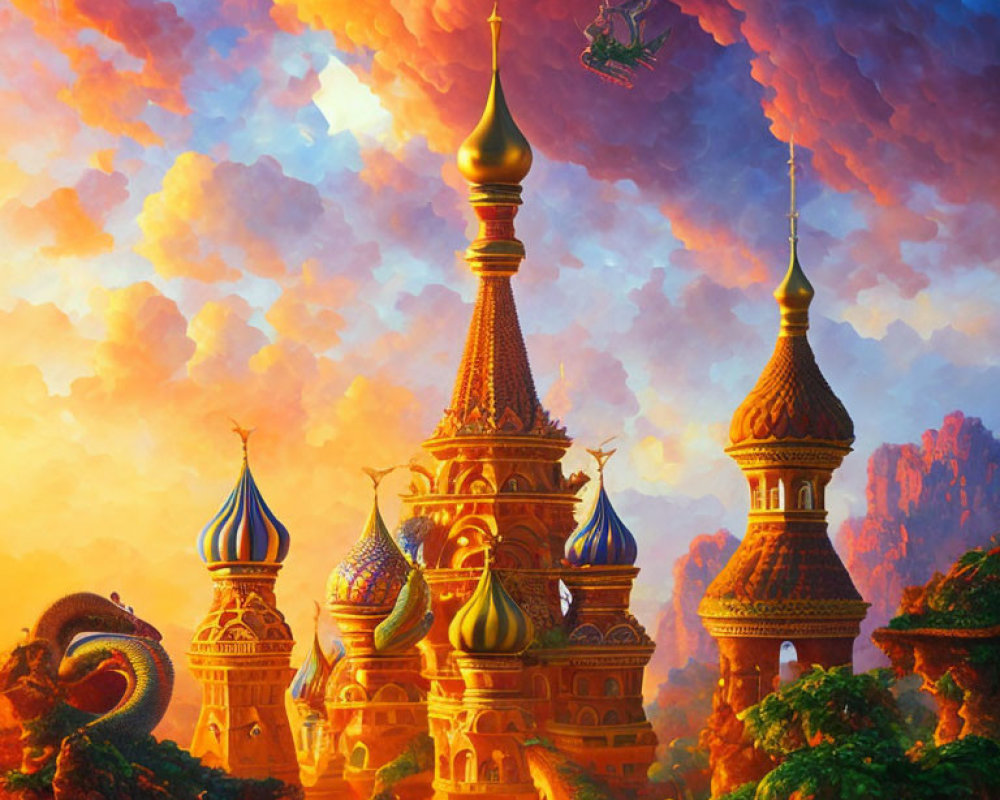 Fantastical castle with ornate towers and flying ship under dramatic sky