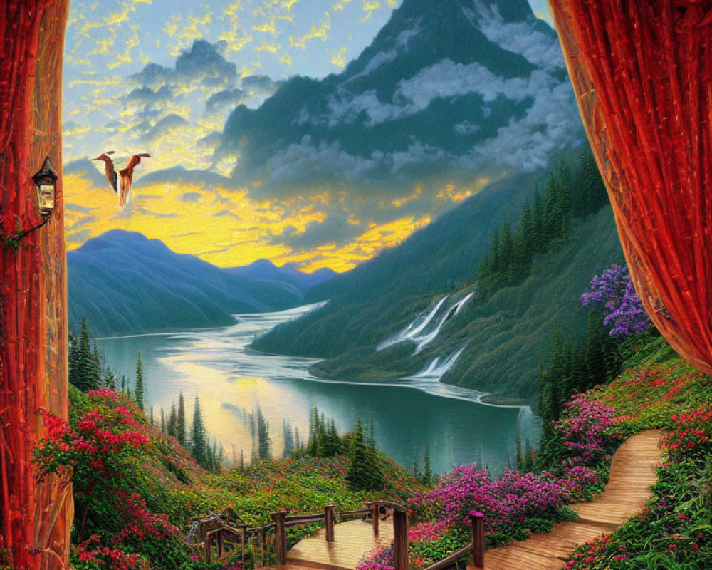 Scenic overlook painting with mountains, river, waterfall, greenery, birds, and wooden platform