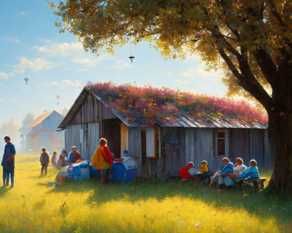 Rustic outdoor scene with people near wooden sheds and blooming flowers