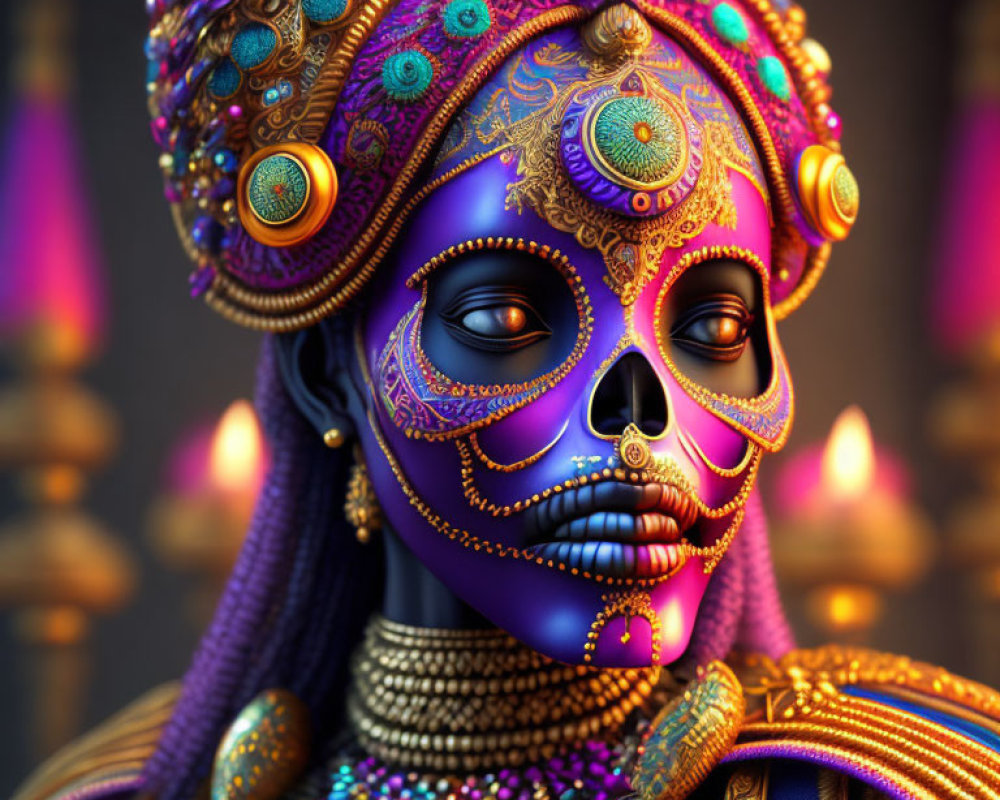 Colorful 3D digital artwork: Skull-faced figure in luxurious jewelry against soft lights