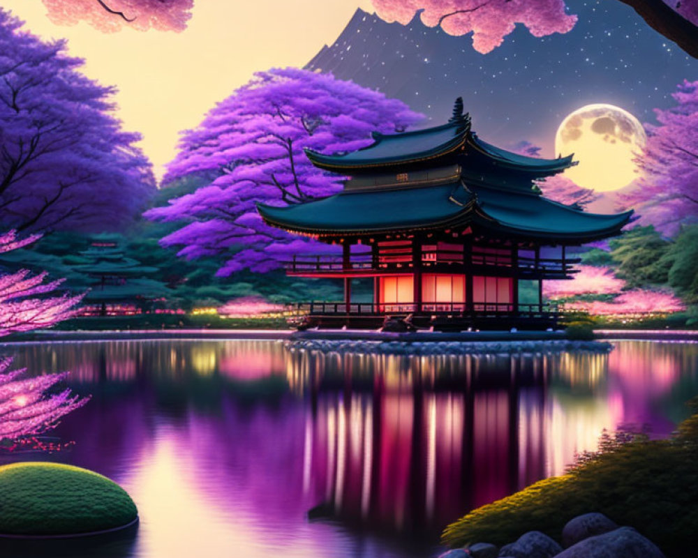 Japanese Pagoda Surrounded by Cherry Blossoms at Moonlit Lake