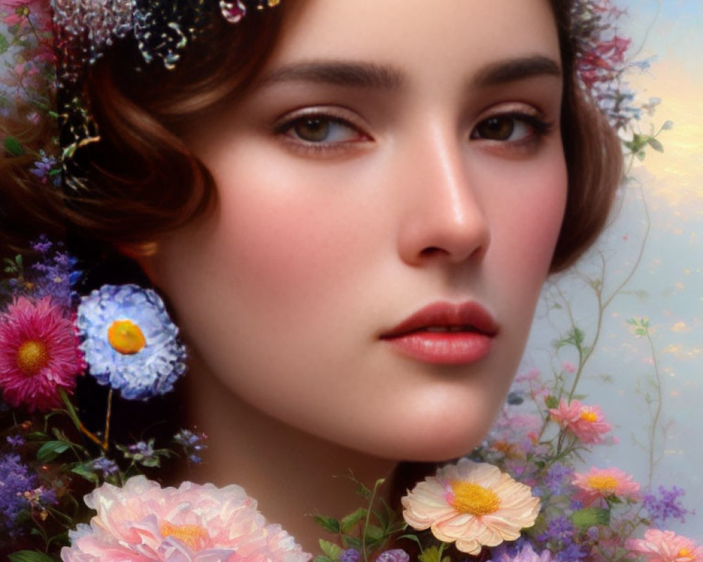 Colorful flowers blend with woman's hair in ethereal portrait