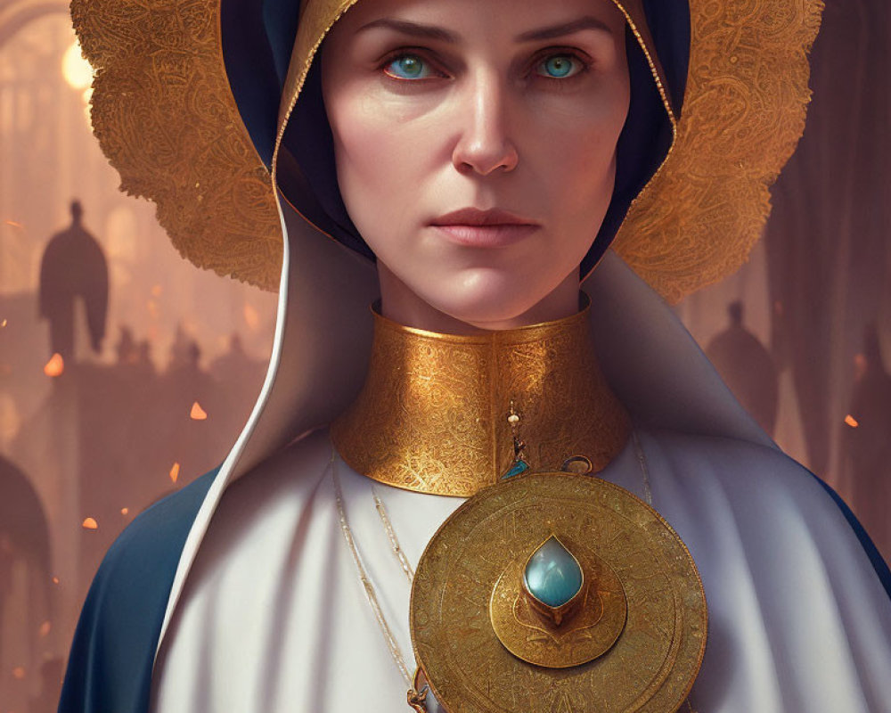 Digital portrait of woman with blue eyes in gold headdress and cloak