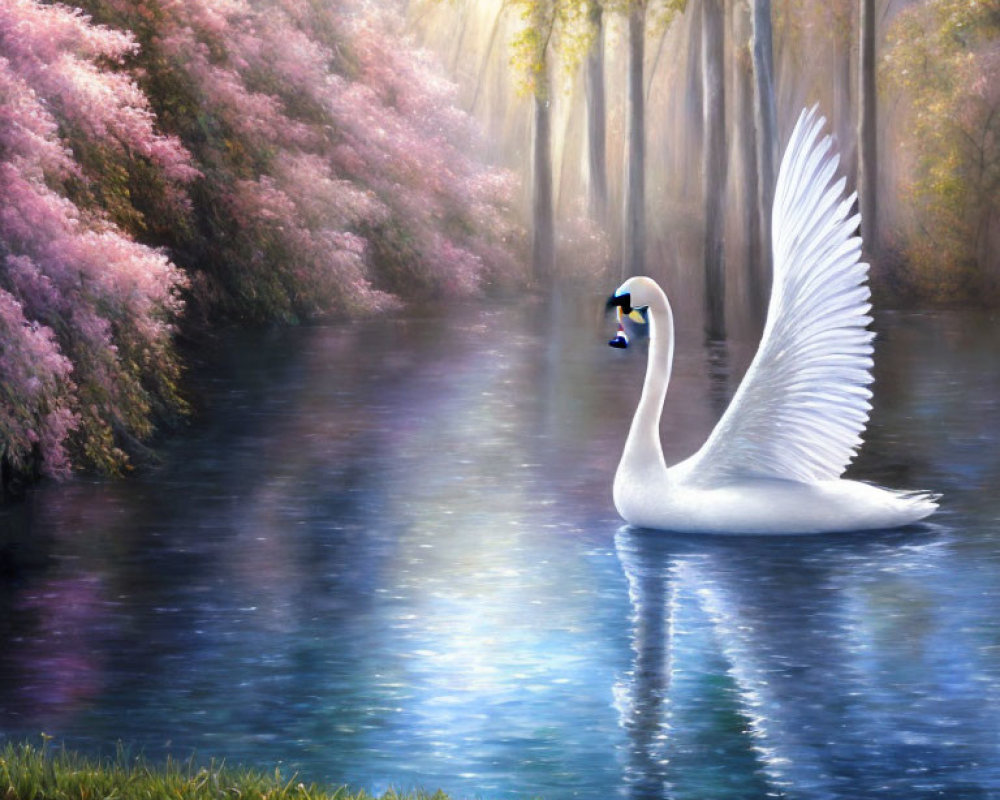 Majestic swan gliding on tranquil river in misty forest with pink blossoming trees