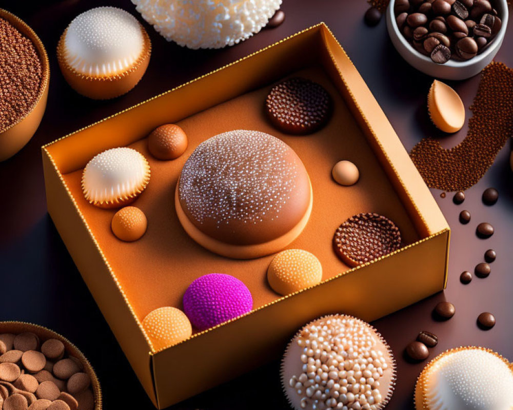 Luxurious Chocolates and Truffles in Golden Box with Coffee Beans