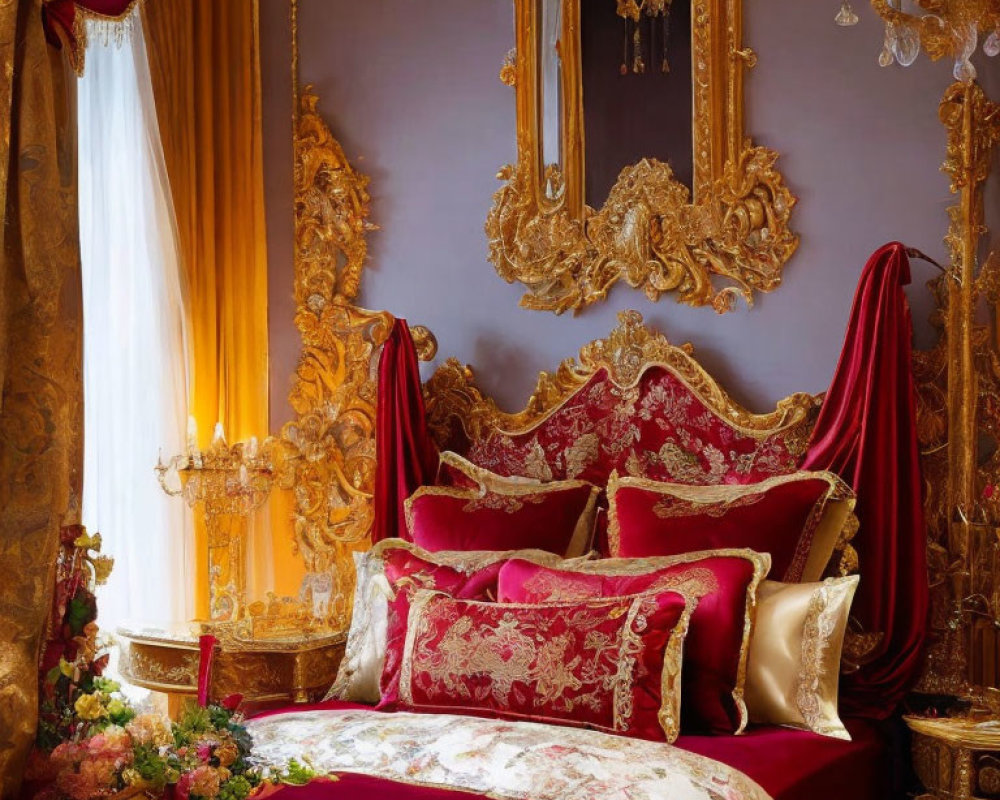 Luxurious Gold and Red Canopy Bed with Ornate Mirror and Rich Drapery